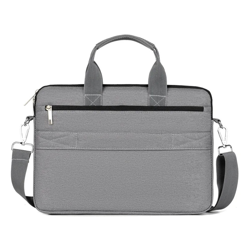 The back of a grey laptop bag on white background